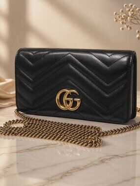 Authentic Gucci GG Marmont Super Mini Black Leather Chain Wallet Crossbody